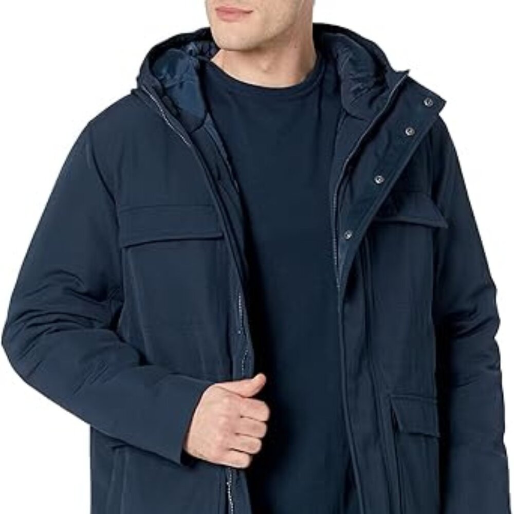 Amazon Essentials Men's L Lined Parka Water-Repellent Navy Relaxed-Fit…